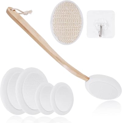 Famanu – Rugcrème applicator set met lange houten handgreep en afneembare opzetstukken voor aanbrengen en scrubben