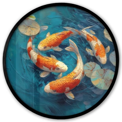 Poster in lijst Rond - Fotolijst 40x40 cm - Posters - Vissen - Waterlelies - Oranje - Water - Ronde posterlijst zwart - Decoratie - Wanddecoratie woonkamer - Muurdecoratie slaapkamer