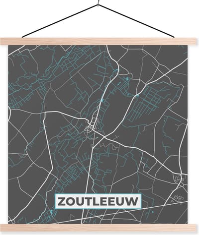 Posterhanger incl. Poster 40x40 cm - Schoolplaat - Plattegrond – Zoutleeuw – Blauw – Stadskaart - Kaart - Textielposter - Blanke latten - Stadskaart