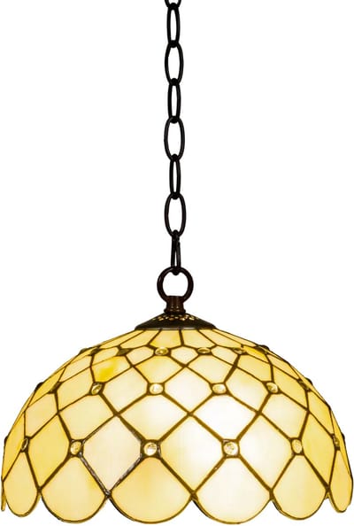 Tiffany hanglamp met glasjuwelen - Crème-amber - Ø 30 cm - Glas in lood - Warm licht - Inclusief ketting en plafondplaat - Pendellamp | RORUVERA