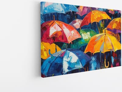 Saammp Canvas Schilderij - Kleurrijke Paraplu's in Regen - Vrolijk - Abstract - 45x30 - Foto op canvas - Wanddecoratie - Muurdecoratie Woonkamer - Kindvriendelijk