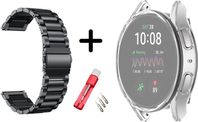 Strap-it RVS stalen schakel bandje Zwart + TPU Case Transparant + Toolkit - Geschikt voor Samsung Galaxy Watch 7 40mm - Bescherming hoesje voor Galaxy Watch 7 40mm smartwatch - Metalen band Zwart + TPU Case Transparant +Toolkit