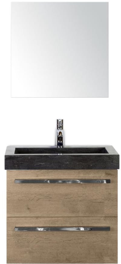Seville Badmeubelset 60 cm - Natuur Eiken - Wastafel Hardsteen Wit Lucca met Spiegel