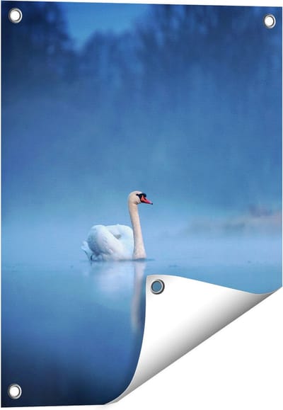 Gards Tuinposter Zwaan op het Water tussen de Mist - 40x50 cm - Tuindoek - Tuindecoratie - Wanddecoratie buiten - Tuinschilderij