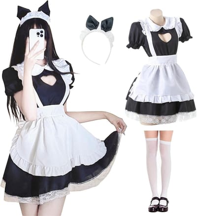 Maid Outfit met Holle Hartvorm, Anime Franse Jurk, Schattige Cosplay Kostuum voor Carnaval en Rollenspel, Inclusief Kousen en Haarband