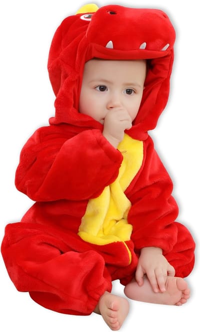 BoefieBoef Dieren Baby Onesie Peuter Pyjama Kinderen 6 maanden tot 2 jaar – Kerst – Verkleedkleding met Luierrits – Voor Carnaval, Halloween, Kraamcadeau – Flanel - Romper - Boxpak - Jongens - Meisjes - Kruippak - Winterpak - Dinosaurus - Rood Geel