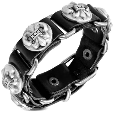 Amanto Armband Djorel Black - Leer - Stud Fleur De Lis - 20mm - 22cm