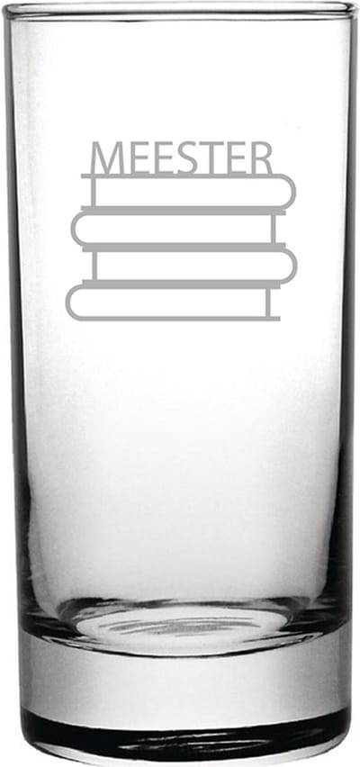 Gegraveerde longdrinkglas 28,5cl Meester met boeken