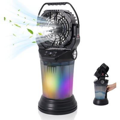 Draagbare vernevelingsventilator met 4 snelheden en 180 graden bereik °   Oscillatie, 15000mAh batterij, 2000ml watertank, borstelloze motor, zaklamp & verticale kantelfunctie - Ideaal voor kamperen,