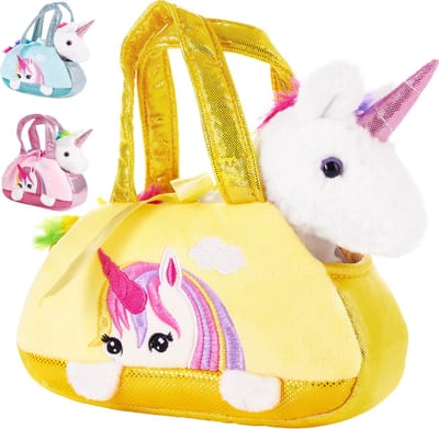 BRUBAKER Regenboog Pluche Eenhoorn 21 cm - Wit - Knuffeldier super zacht - Speelgoed Knuffeldier - Cadeau - in Geel tasje
