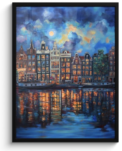 Poster in lijst - Fotolijst 50x70 cm - Posters - Grachten Amsterdam - Huizen - Stad - Kleurrijk - Posterlijst zwart - Decoratie - Wanddecoratie woonkamer - Muurdecoratie slaapkamer