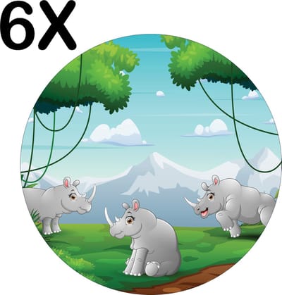 Luxe Ronde Placemat - Vrolijke Neushoorns in het Bos - Getekend - Set van 6 Placemats - 50x50 cm - 2 mm dik Vinyl - Anti Slip - Afneembaar