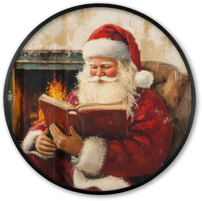 Poster in lijst Rond - Fotolijst 60x60 cm - Posters - Kerst - Kerstman - Winter - Open Haard - Ronde posterlijst zwart - Decoratie - Wanddecoratie woonkamer - Muurdecoratie slaapkamer - Kerstversiering - Kerstdecoratie voor binnen - Kerstmis
