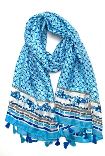Lange dames sjaal Kathleen-fantasiemotief-blauw wit grijs turquoise marine blauw