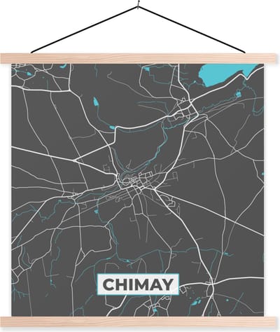 Posterhanger incl. Poster 40x40 cm - Schoolplaat - Stadskaart – Grijs - Kaart – Chimay – België – Plattegrond - Textielposter - Blanke latten - Stadskaart