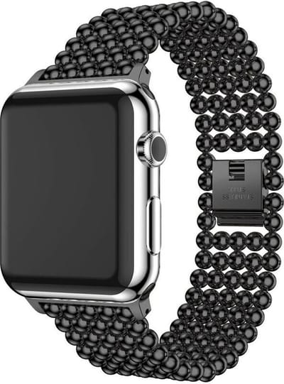 Strap-it Stalen Parel schakel band - Geschikt voor Apple Watch (Series 12/11/10), (SE 3/2/1), (Series 9/8/7/6/5/4) - 38/40/41/42mm - Zwart - RVS band met parel patroon - Metalen iWatch bandje