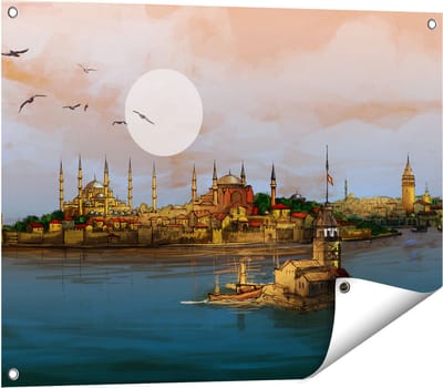 Gards Tuinposter Illustratie van de Maiden's Tower in Istanbul - 80x60 cm - Tuindoek - Tuindecoratie - Wanddecoratie buiten - Tuinschilderij