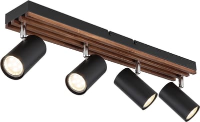 Plafondlamp hout spot zwart zwenkbaar, metaal, 4x GU10 fitting, L 56 cm