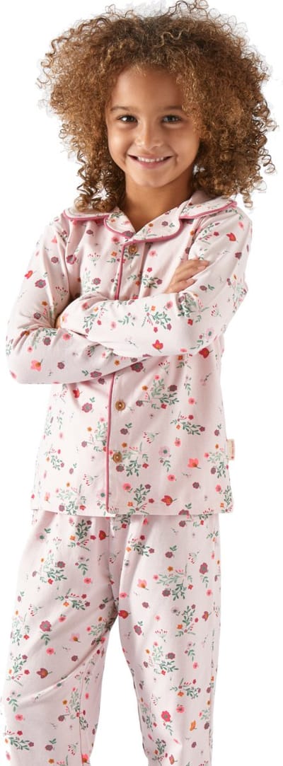 Little Label Pyjama Meisjes Maat 92/2Y - lilaroze, groen, fuchsia - Bloemen - Pyjama Kind - Zachte BIO Katoen