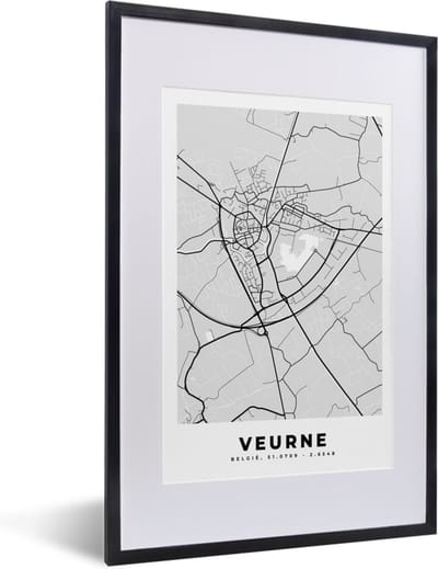 Fotolijst incl. Poster Zwart Wit- Zwart Wit – België – Plattegrond – Stadskaart – Kaart – Veurne - 40x60 cm - Posterlijst