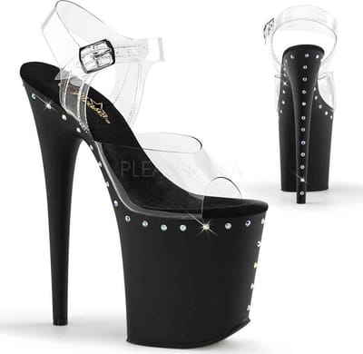 Pleaser - FLAMINGO808ABLS Sandaal met enkelband, Paaldans schoenen - Paaldans schoenen - 35 Shoes - Zwart/Transparant