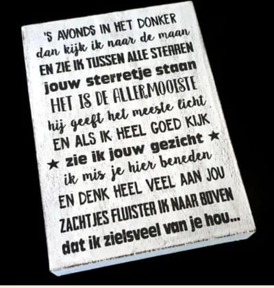 Tekstblok 's avonds in het donker, jouw sterretje staan - wit, zwart 25x18cm