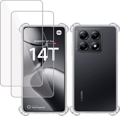 Hoesje + 2x Screenprotector geschikt voor Xiaomi 14T – Tempered Glass - Extreme Shock Case Transparant