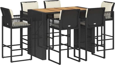 vidaXL - 7-delige - Tuinbarset - met - kussens - poly - rattan - acacia - zwart