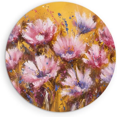 Saammp Muurcirkel Hout - Kleurrijke Roze Bloemen - Natuur - Abstract - Ø 90 - Wandcirkel - Wanddecoratie Cirkel - Muurdecoratie Woonkamer - Kantoor Decoratie
