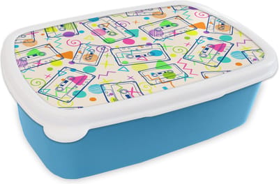 Broodtrommel Blauw - Lunchbox - Brooddoos - Patronen - Retro - Cassette - Jaren 80 - 18x12x6 cm - Kinderen - Jongen