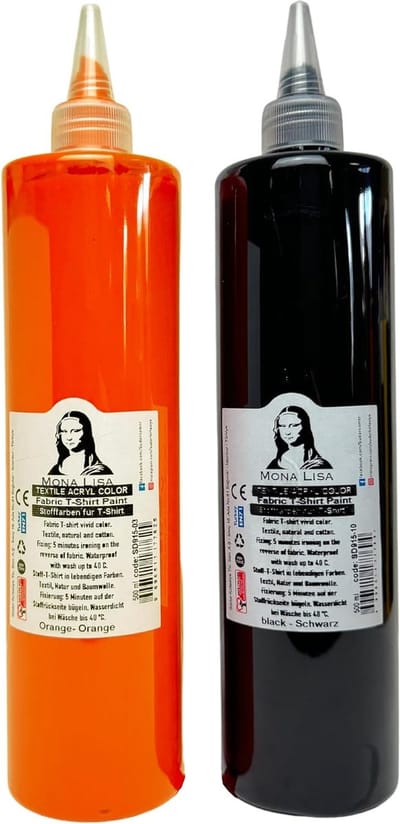 Südor Textielverf set 2 x 500 ml (zwart-oranje). Wasbestendige textielverf voor lichte stoffen. Wasmachinebestendig, wasbestendig. Fixatie door strijken