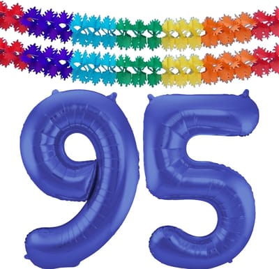 Folat Verjaardag Leeftijd folieballon - 95 jaar - blauw - 86 cm - cijferballon groot - incl 2x feestslingers