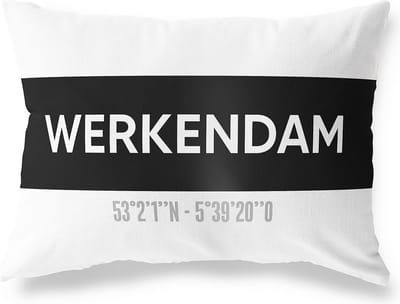 Tuinkussen WERKENDAM - NOORD-BRABANT met coördinaten - Buitenkussen - Bootkussen - Weerbestendig - Jouw Plaats - Studio216 - Modern - Zwart-Wit - 50x30cm