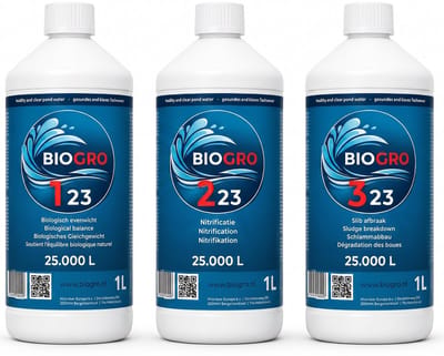BIOGRO 123 Vijver bacteriën Startset - Biologische ondersteuning voor vijvers tot 25.000 liter - 3 x 1L