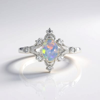 Cavill - 925 Sterling Zilver Ring - Platina Verguld - Welo Opaal 0,39 ct met Zirkonia 0,15 ct - Ovaal Edelsteen - Kleurrijk Speel