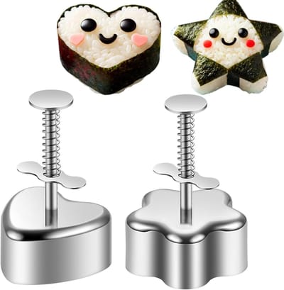2-delige rijstbalvormpjesset, gemaakt van roestvrij staal, hartvormige en stervormige rijstbalvormpjes, duurzame sushi-maakset, geschikt voor lunchtrommels van kinderen en doe-het-zelfprojecten voor het hele gezin.