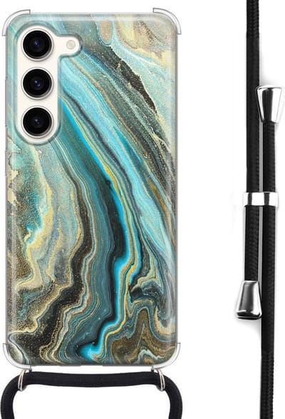 Hoesje met koord - Geschikt voor Samsung Galaxy S23 - Marmer mint - Verstelbaar zwart koord - Crossbody - Marmer - Transparant, Groen - Leuke Telefoonhoesjes