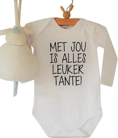 Baby Rompertje lange mouw met tekst voor de liefste tante: met jou is alles leuker tante -Maat 50-56 bekendmaking zwangerschap aanstaande baby jongen meisje unisex