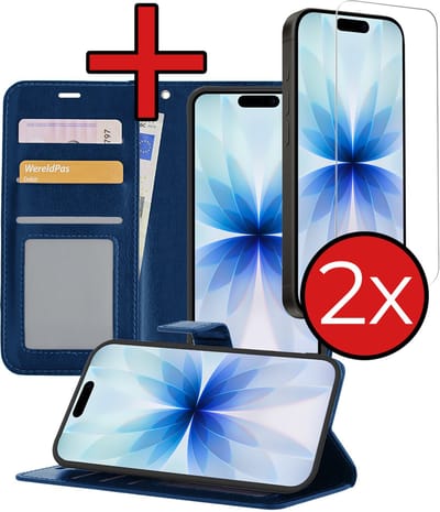 Hoesje - Met 2x Screenprotector - Geschikt voor Apple iPhone 17 - Luxe Pasjeshouder - Flip Case - Bookcase Portemonee - Kunstleer Book Case - Flipcase Hoes - Book Cover - Walletcase - Portemonneehoes - Telefoonhoes - Donkerblauw