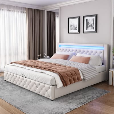 Sweiko Gestoffeerd bed - 180 x 200 cm bed - LED verlichting - opbergfunctie - PU materiaal - Wit