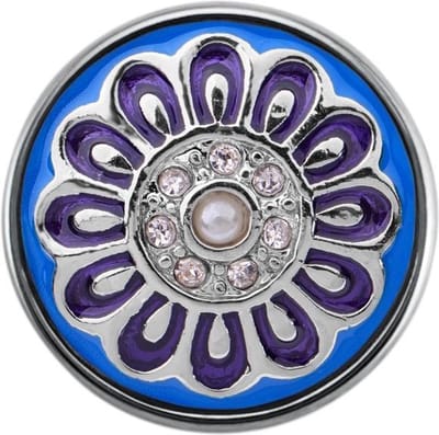 Quiges - Dames Click Button Drukknoop 18mm Bloem Blauw met Paars en Zirkonia - EBCM278