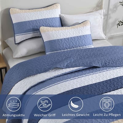 BEDDING Sprei van 240 x 260 cm, blauw, bedsprei, gestreept deken, dekbed, 3-delig, tweepersoonsbed, doorgestikt, microvezel, woondeken met 2 kussenslopen van 50 x 75 cm, voor slaapkamer, bank