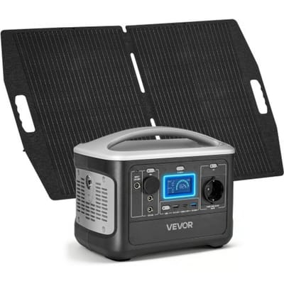 VEVOR draagbaar stroomstation met 100W zonnepaneel, 600W zonnegenerator, 493Wh LiFePO4-accu als back-up en 7 uitgangen, noodstroomgenerator, ideaal voor noodgevallen thuis, kamperen en camperreizen.