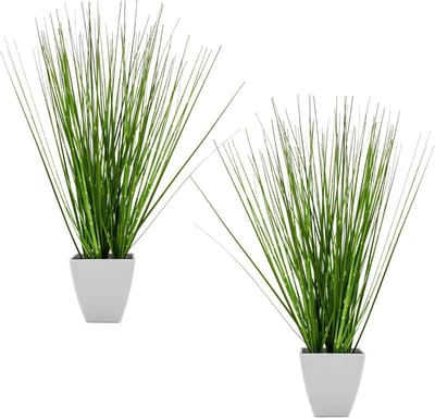 Set van 2 Kunstgras in Witte Potten - Groen Siergras Decoratie 44 cm