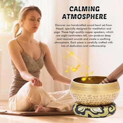 Handgeslagen Tibetaanse klankschalen set voor meditatie, ontspanning en yoga, inclusief houten beater, kussen en opbergtas, diameter 8 cm