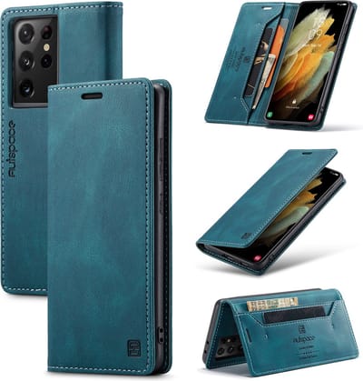 Luxe Flip Case met RFID Bescherming Kaarthouder en Magneetsluiting voor Samsung Galaxy S21 Ultra _ Blauw