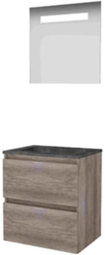Basic-Line Economic 46 Badkamermeubelset - 60 x 46 cm - Greeploos - 2 Lades - Hardstenen Wastafel - 1 Kraangat - Spiegel met LED Verlichting - Scotch Oak