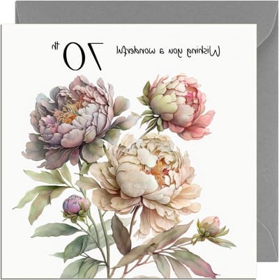 Verjaardagskaart Pioen - Kaart 70 Jaar - Vieren Verjaardag - Extra Dikke Kaart - 15 x 15 cm - Roze