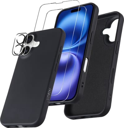 Hoesje Geschikt voor iPhone 16 – Zacht siliconen liquid backcover met 2x screenprotectors gehard glas en 1x lens protector – Zwart