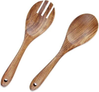Set van 2 Houten Saladescheppen en Bestek, 26.2 cm Lange Handgreep, Ideaal voor Salades, Diner en Keukenaccessoires